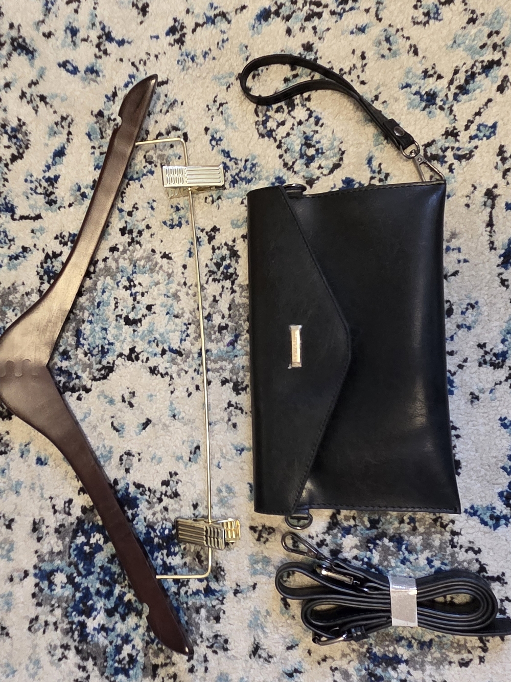 Black Leather Wristlet Clutch with Gold Accent